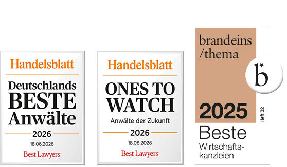 Handelsblatt Best Lawyers 2026: Deutschlands beste Anwälte und Ones to Watch; brand eins 2025: Beste Wirtschaftskanzleien